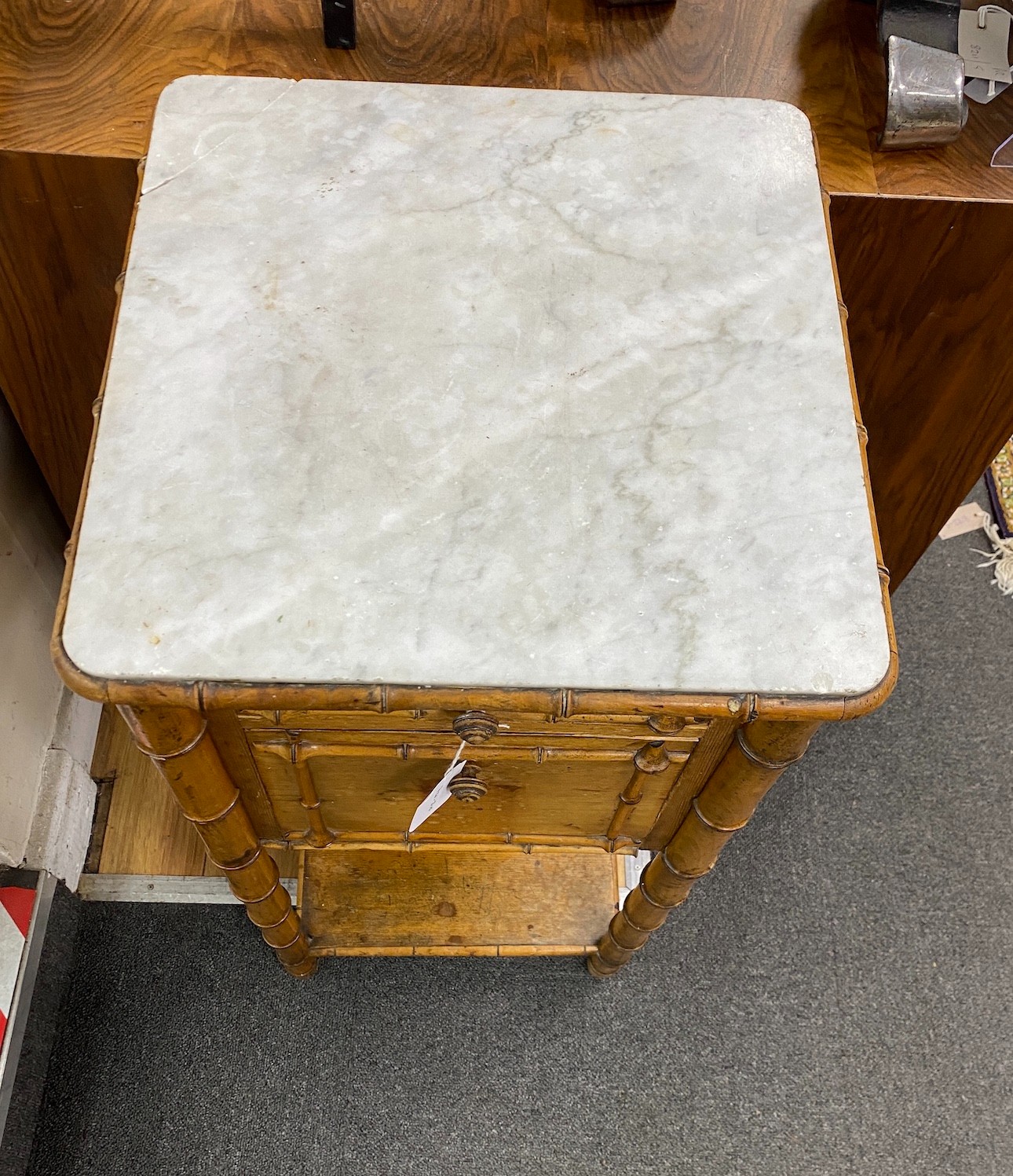 A 19th century French marble topped faux bamboo bedside cabinet, width 37cm, depth 37cm, height 81cm